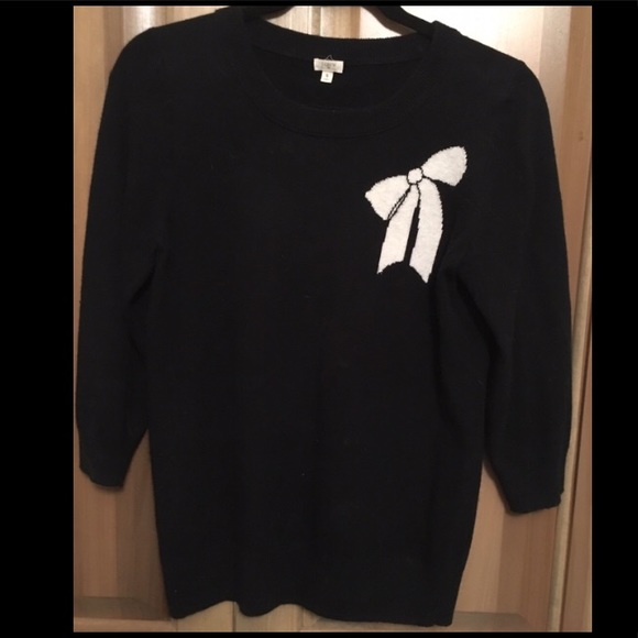 J Crew Black Sweater White Bow 3/4 Sleeve Size S